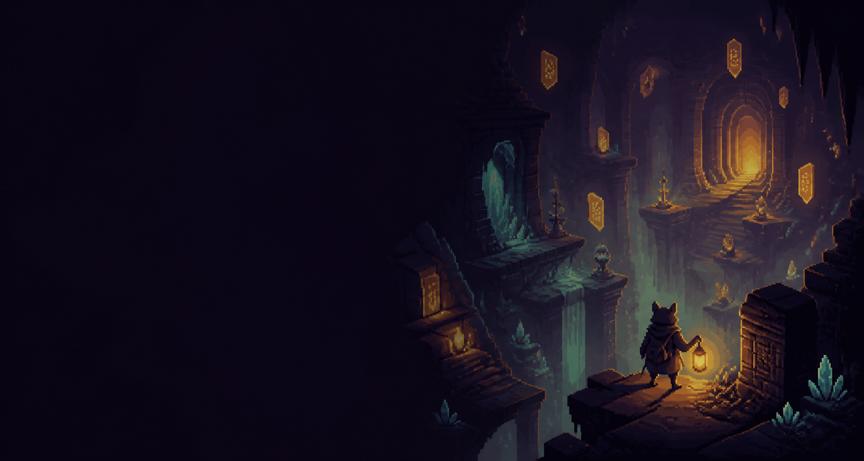 Original pixel-art adventurer descending into a torchlit Sephiria dungeon